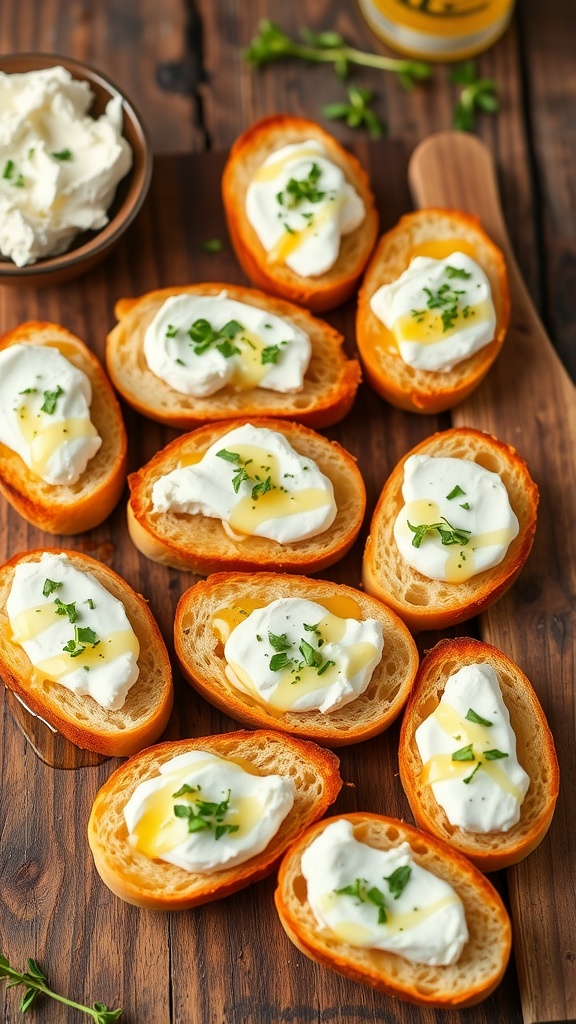 Savory Sourdough Crostini with Whipped Goat Cheese and Honey Sourdough crostinis topped with whipped goat cheese and honey on a rustic platter.